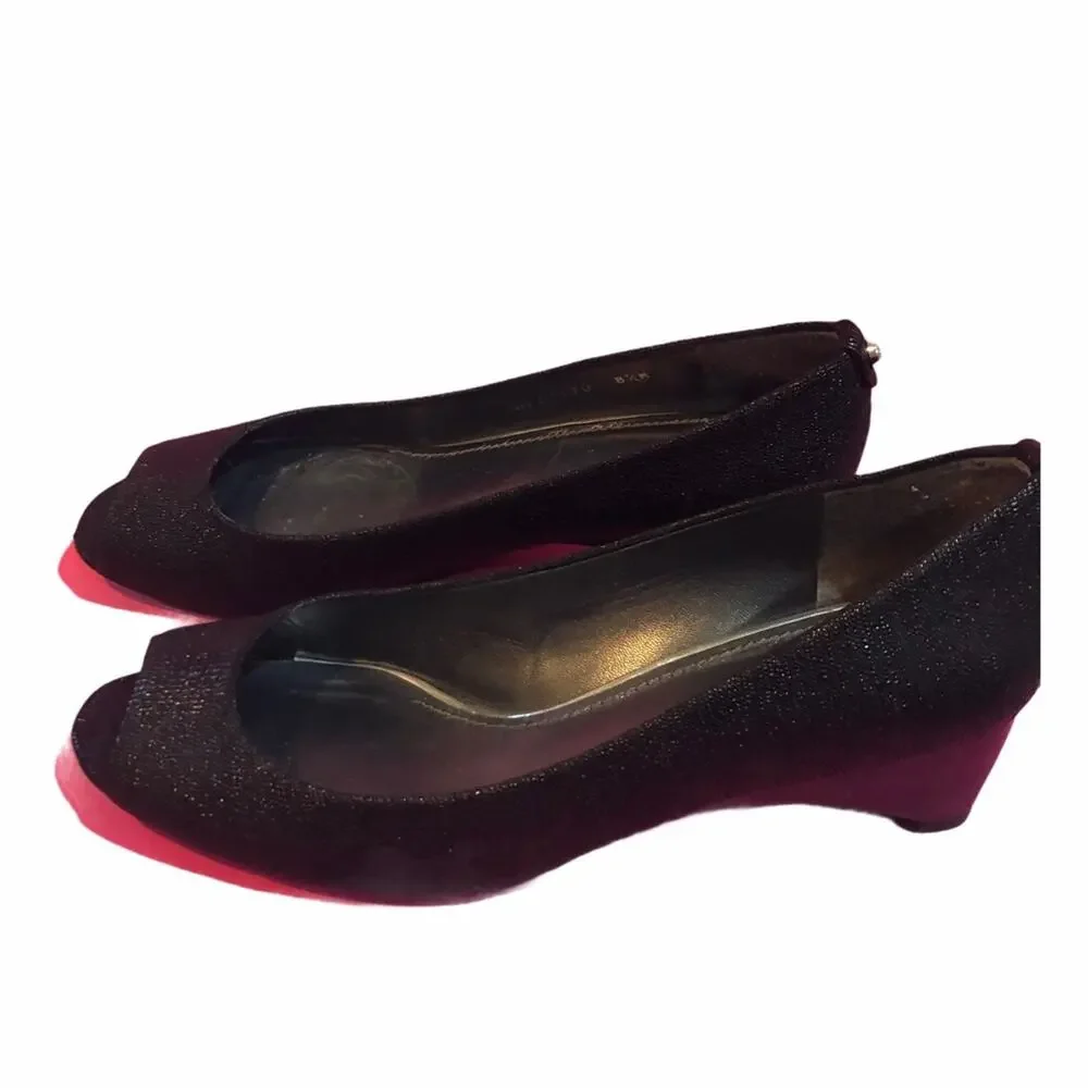 Stuart Weitzman Tofu Peep Toe Wedge Black 8.5 EUC